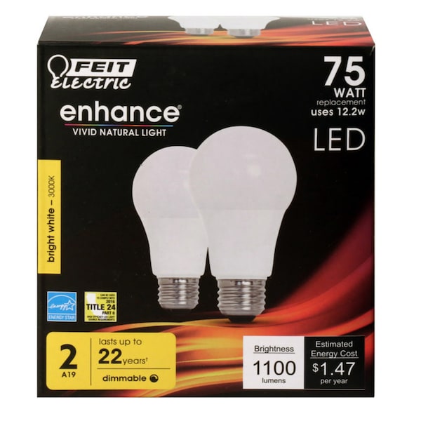 Feit Electric Feit Enhance A19 E26 (Medium) LED Bulb Bright White 75 Watt Equivalence 2 pk OM75DM/930CA/2 - main